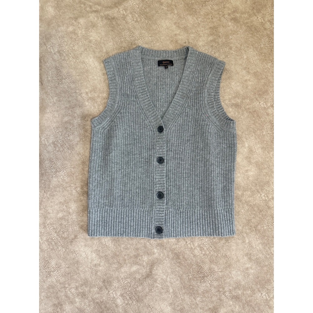 Quince Mongolian Cashmere Shrunken V-Neck Cardigan Vest Grey Ribbed Knit S